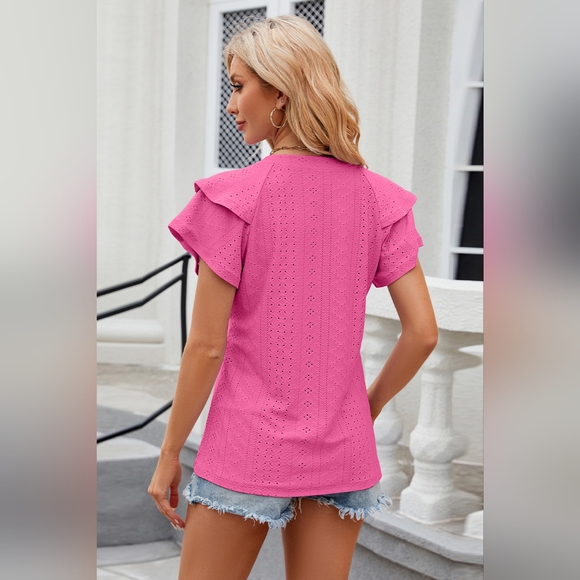 Eyelet Notched Short Sleeve T-Shirt - Picture 3 of 5